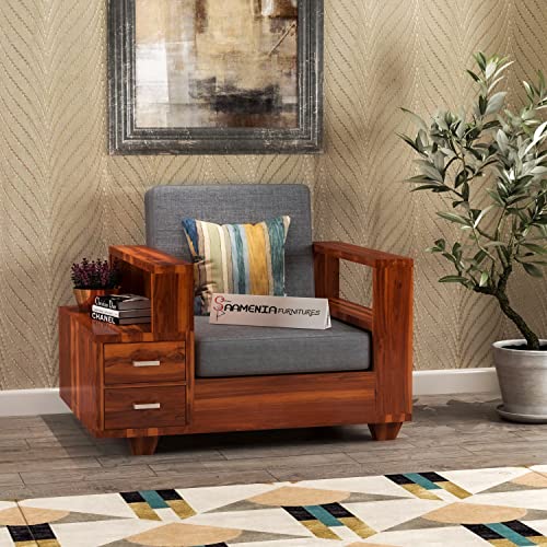 Image of Sheesham Wood Single Seater Sofa | 1 Seater Sofa with 2 Drawer Storage | Wooden Sofa Set Furniture for Living Room Home Office (Honey Finish)