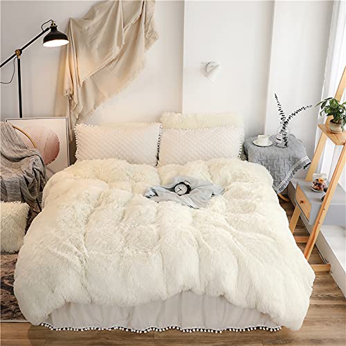 MOOWOO 3 PCS Shaggy Bedding Sets, 1 Velvet Flannel Duvet Cover + 2 Pompoms Fringe Pillow Sham, Zipper Closure Velvet Bedding Sets (White, King)