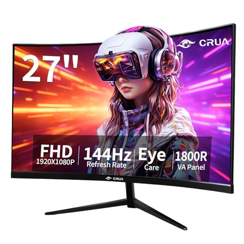 CRUA 27 Inch Curved Monitor 1080P Full HD 100Hz/120Hz/144Hz Computer Screen with HDMI VGA Eye Care Tilt Adjustable for Gaming and Office Use