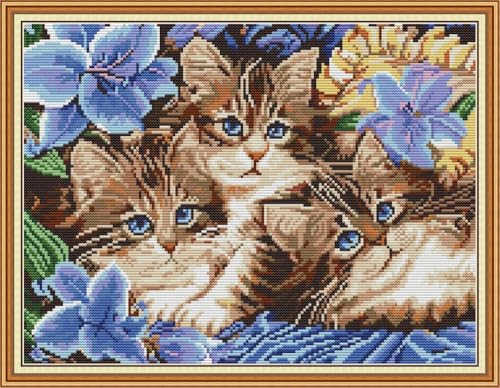 Image of JOYSEWING Cats and Flowers Stamped kit Cross Stitch kit Classic Series Embroidery Starter for Beginners DIY Craft kit Home Decor DMC 11CT-Printed(The Three Litten Kittens (11CT) 19.69 x15.35 Inches)