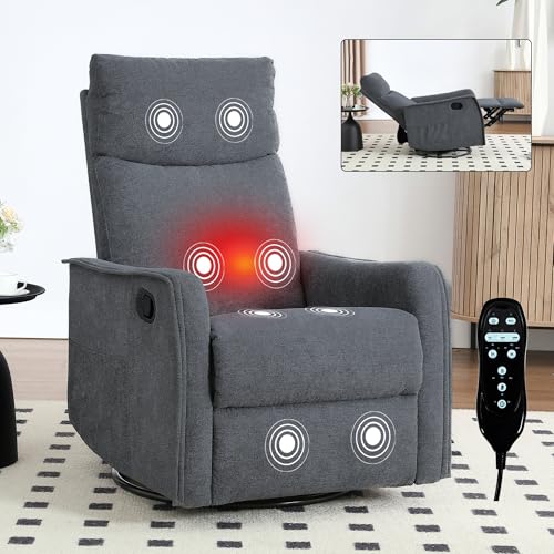 Image of Rocker Recliner Chair for Adults, Swivel Rocker Recliner with Massage and Heat, Adjustable Glider Recliner Nursery Chair with Black Metal Base, Small Recliners for Small Spaces, Living Room (Grey)