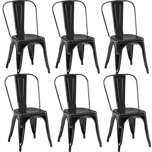 Image of Metal Dining Chairs with Backrest, Stackable, Black, 6 Pack | Easy Assembly, Non-Slip Feet, 330 lb Capacity, Kitchen, Restaurant, Cafe, Pub, Covered Patio