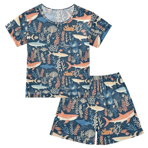ALAZA Sharks Corals Blue Pajama Set Short Sleeve Sleepwear Soft Lounge Nightwear
