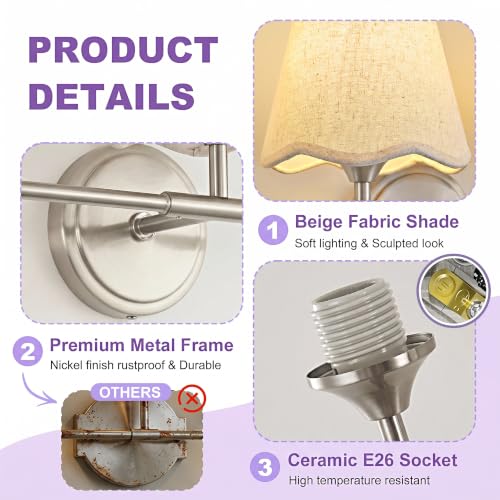Image of Bathroom Light Fixtures 22 inch 3-Light Vanity Light Brushed Nickel | Farmhouse Bathroom Lights, Beige Wavy Fabric Shade, Dimmable Vanity Lighting Fixtures for Mirror Bedroom Living Room Hallway