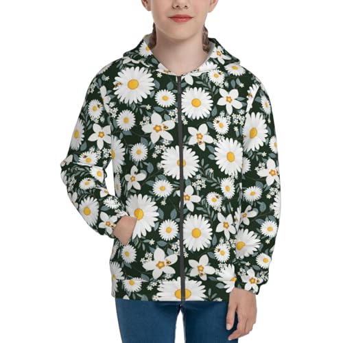 White Daisies and Bee Kid Hoodies Boys Zip Up Sweatshirts Girls Pullover with Pocket3