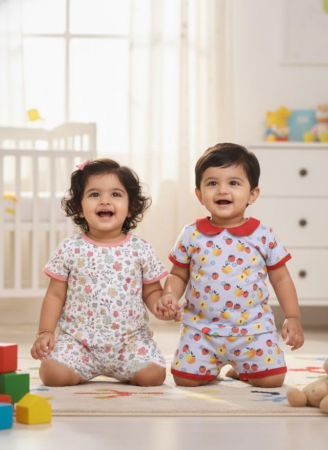 Image of BABY GO Baby Boys & Baby Girls Clothing Set | Summer Co-Ord Set for Baby | Printed 100% Cotton Half Sleeve T-Shirt & Shorts Combo | Soft Cotton Casual Wear Outfit for Infants & Toddlers Pack of 2