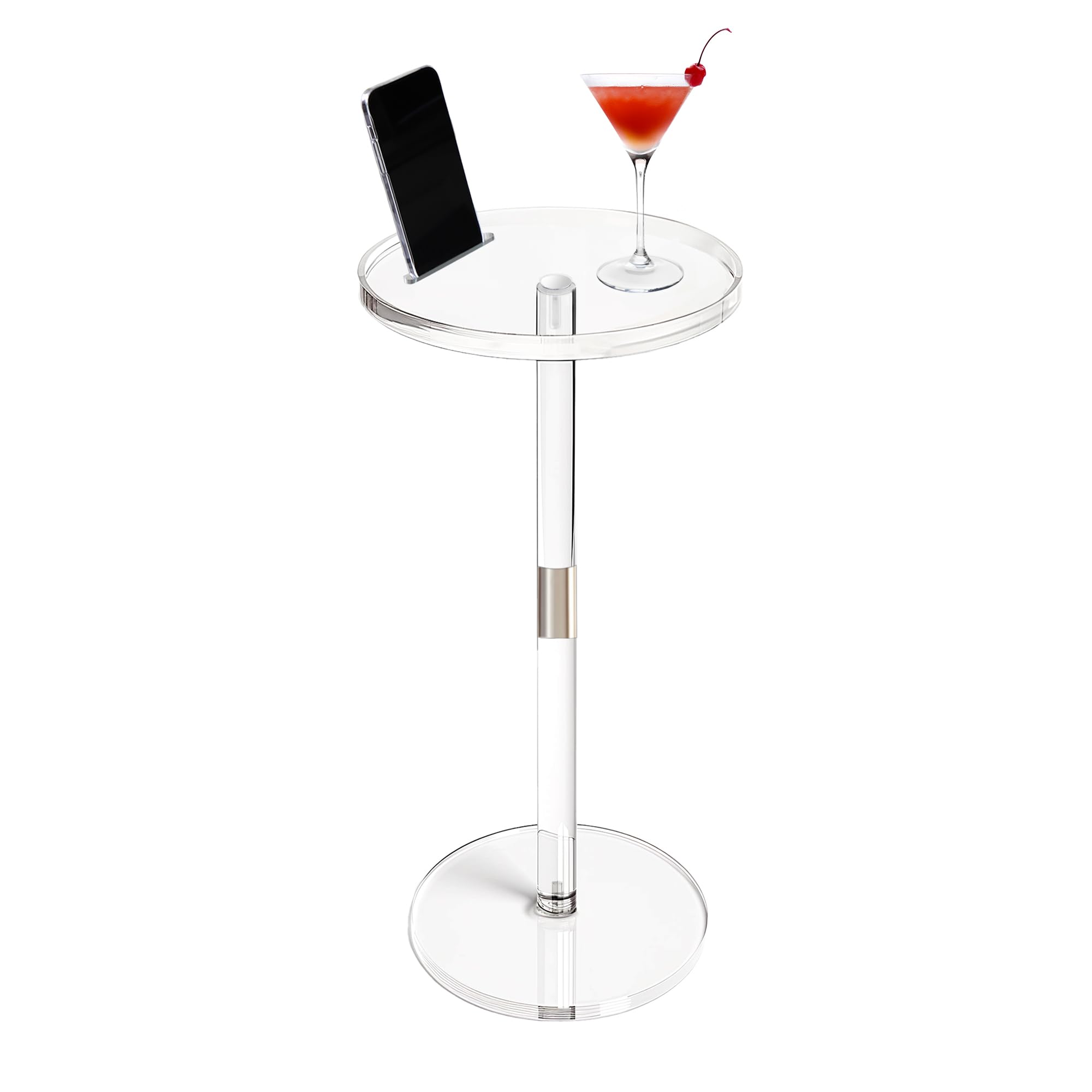 Acrylic Drink Table, Small Round Side Table for Small Space, Pedestal End Tables with Phone Holder, Multi-Use Modern Accent Tables, Martini/Cocktail Table for Living Room 10"X21" Easy Assembly