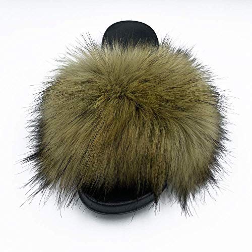 Image of Women's Faux Fur Slides Slippers Fluffy Fuzzy Sandals Open Toe Furry Slide Flip Flop Indoor Outdoor