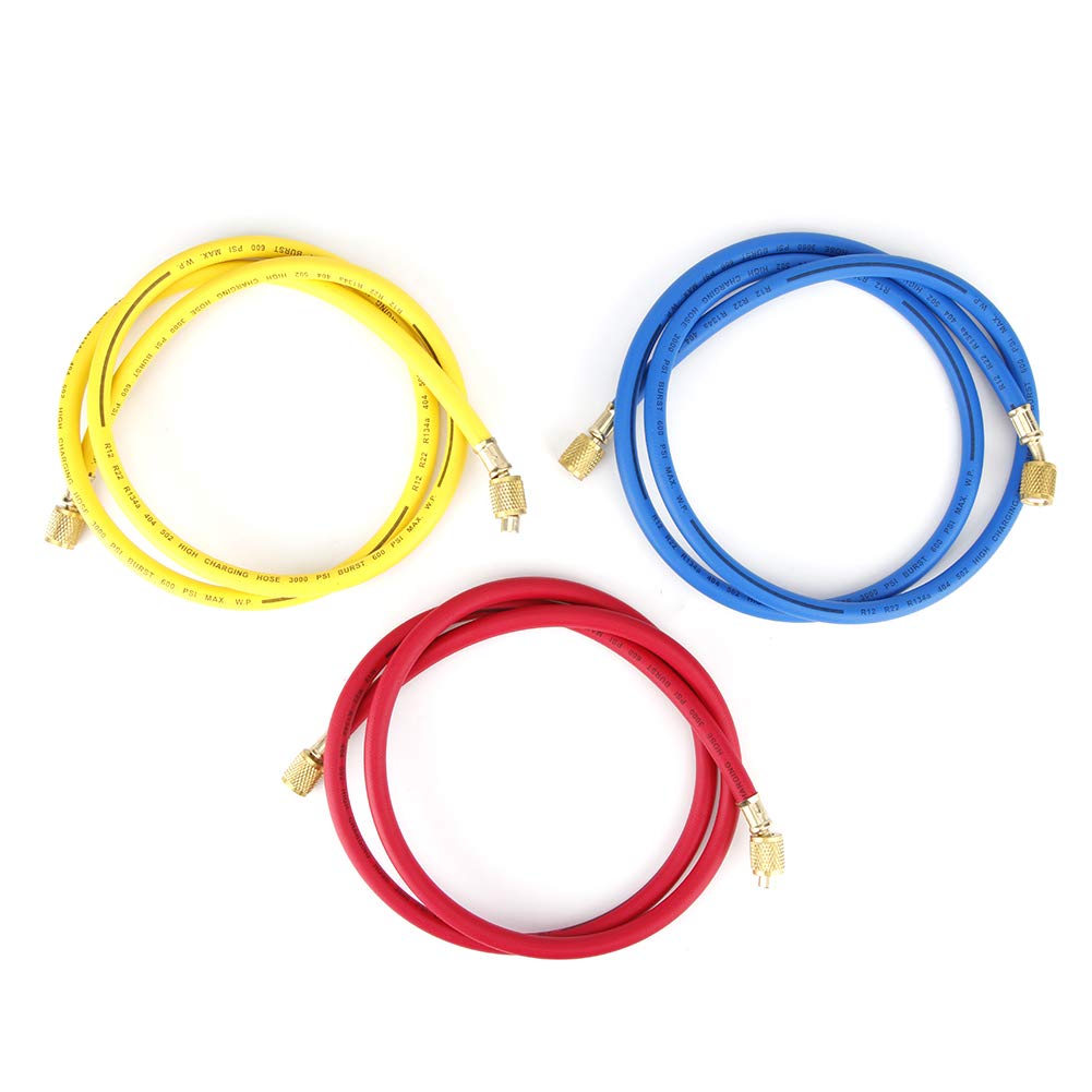 Tubo flessibile di ricarica del refrigerante a 3 colori da 3 pezzi 1/4 '' SAE 600PSI per R22, R134a, R12, R50 Accessorio per l'aggiunta di refrigerante per tubo aria condizionata