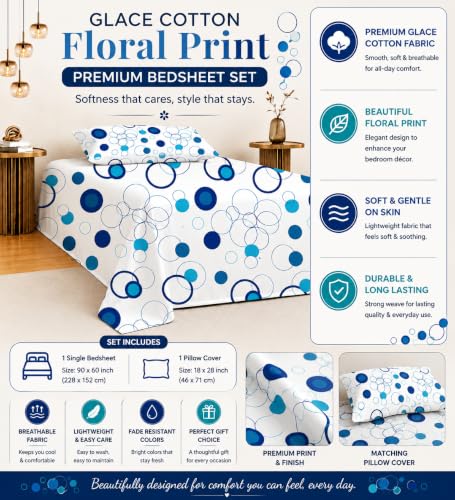 Image of IVAZA 240 TC Soft Ezyption Cotton Floral Print Single Bed Bedsheet - with 1 Pillow Covers, Hypoallergenic, Brethable, (Size- 60 x 90 Inch | White Blue