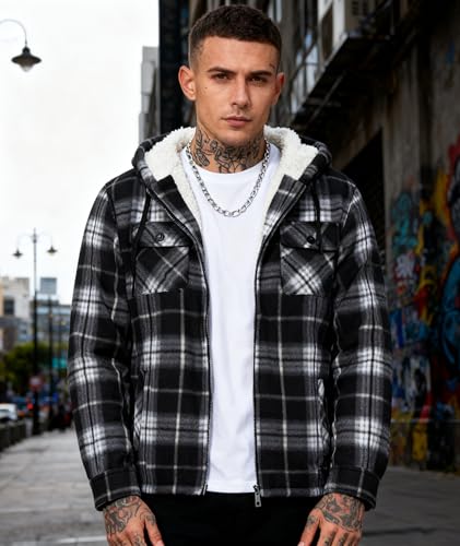 Image of Mens Flannel Hoodie Sherpa Lined Jacket | Plaid,Full Zip Up,Hooded,Fall Winter Outwear,Fleece,Warm,Shacket,Insulated,Travel,Windproof