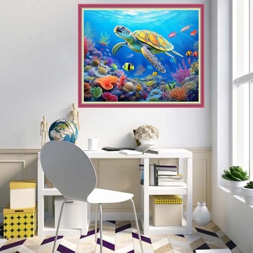 Image of Disnesart Cross Stitch Stamped Full Embroidery Kits DIY 11CT Cotton Thread Printed DIY Needlepoint Kits Craft Needlework Set Cross-Stitch Stamped Sets-Turtle Underwater World 16x20 inch