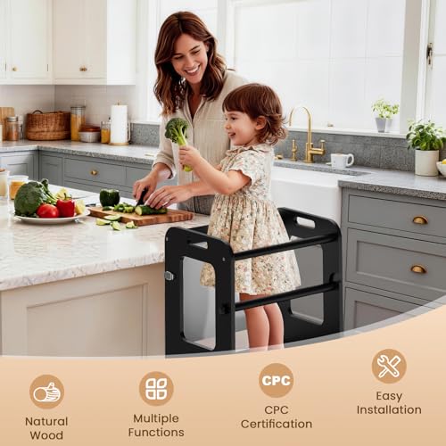 Image of Woodure 4-in-1 Toddler Kitchen Step Stool, Learning Standing Tower with Whiteboard, Wooden Kitchen Stool Helper for Kids, 1-3 Year Old Boy Girl Gifts-Black