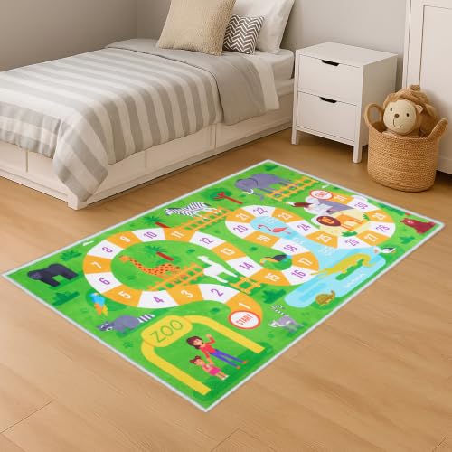 Image of Story@Home Kids Play Mat Carpet 3x5 ft | Anti-Skid Rug for Children's Playroom | Zoo Animals Theme | Soft Polyester Floor Mat for Boys & Girls | Green Crawl & Play Carpet