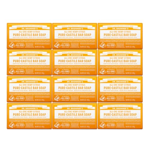 Dr. Bronner's - Pure-Castile Bar Soap - Citrus, Made w/Organic Oils, For Face, Body, & Hair, Gentle & Moisturizing, Smooth Lather, Biodegradable, Vegan, Cruelty-Free, Non-GMO (5oz, 12-Pack)