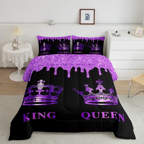 Image of Feelyou King Purple Crown King & Queen Bedding Set Anniversary Comforter Set for Adults Mr & Mrs Comforter Glitter Print Duvet Set Adult Microfiber Bed Set
