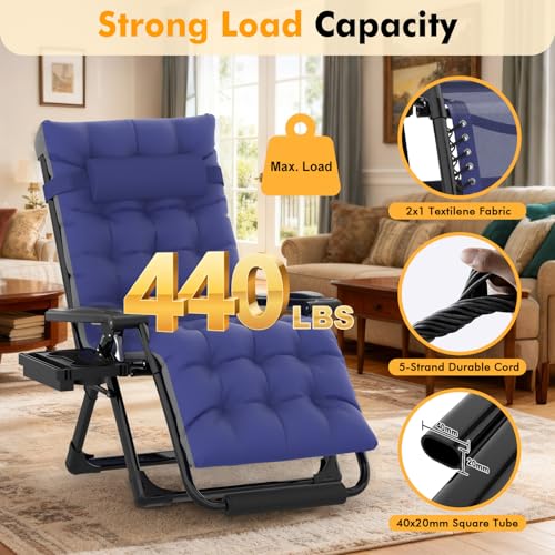 Image of Slendor Oversized Zero Gravity Chairs XL, 29in Padded Recliner Chair, Blue | Reclining Lounge Chair, Folding Anti Gravity Chairs w /Aluminum Alloy Lock,Headrest,Cup Holder, Support 440lbs,for Lawn Patio
