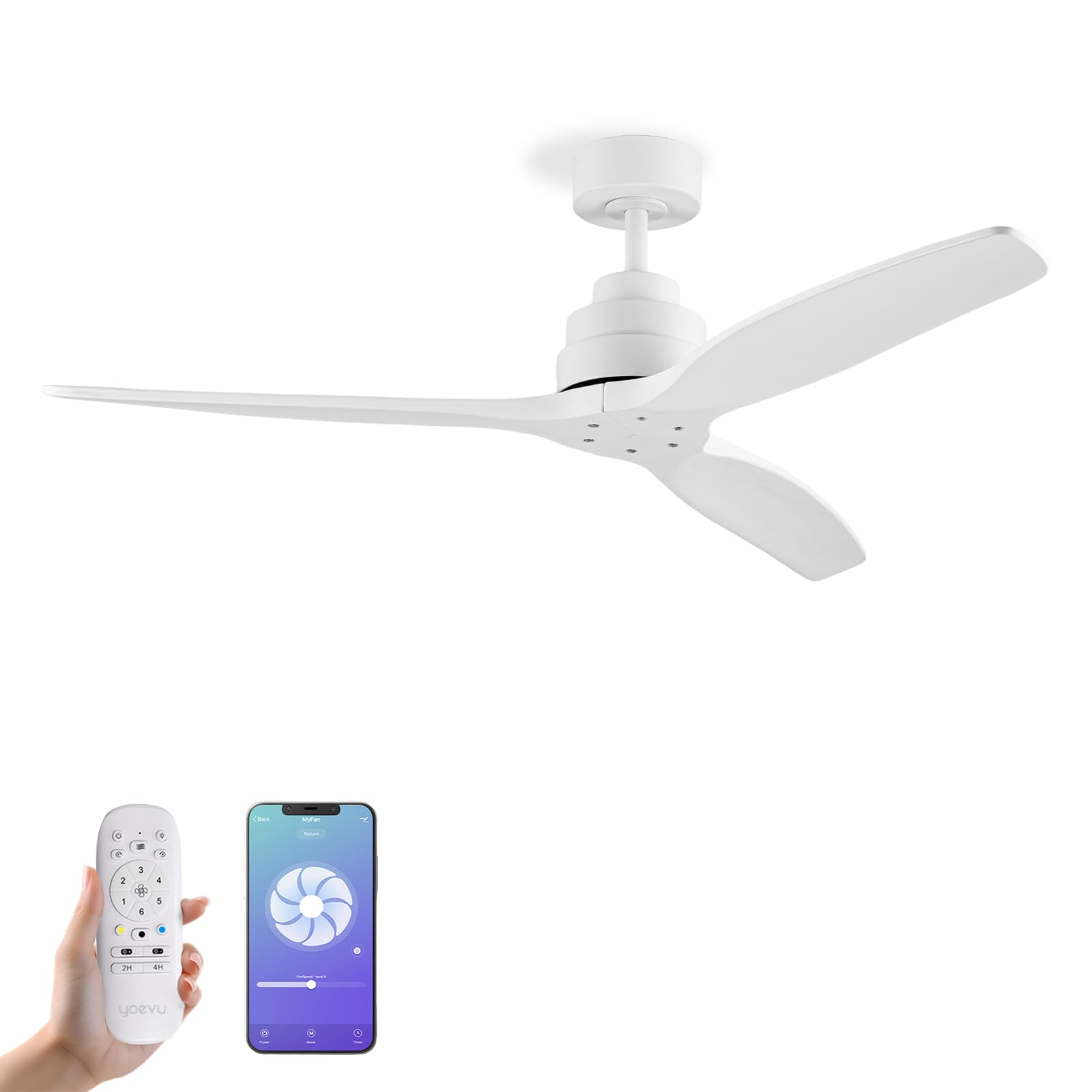 Ventilador de techo, 132 cm, blanco, 30W, 3 aspas, motor DC silencioso, 6 velocidades, mando y WiFi, compatible con Alexa y app, control inteligente y eficiencia energética