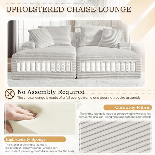 Image of Oversized Chaise Lounge Chair Indoor,78.7 inchW Upholstered Corduroy Cloud Sofa Boneless Couch,Modern Deep Seat Comfy Sofa Chair,Loveseat Sleeper Couch Bed for Livingroom,Bedroom,No Assembly(Light Grey)