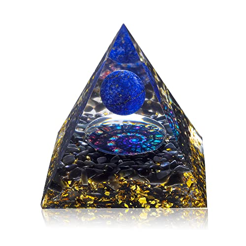 GEHECRST Lapis Lazuli Healing Crystal Sphere Orgone Pyramid with Reiki Obsidian Chip Stones and Energy Spiral Symbol Orgonite Pyramid for Protection, Energy Generator, Meditation, Decoration