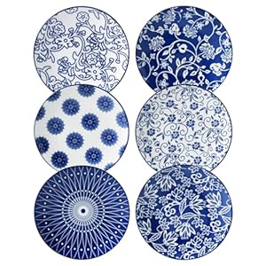 Ceramic Dessert Plates Set 6 Inch Small Appetizer Plates for Kitchen Salad Plate for Cake Snacks Side Dish Microwave Dishwasher Safe Gift Vintage Blue