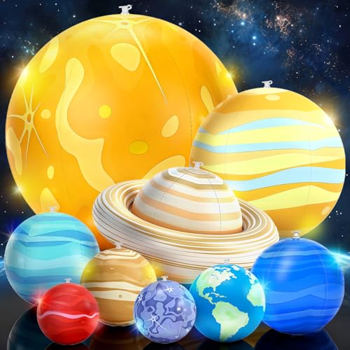 Omksih Inflatable Solar System Planets With Led Lights, 9 Hanging Planets With Remote Control, Space Themed Classroom Decor, Kids Room Decoration, Astronomy Science Display, Birthday Party Supplies