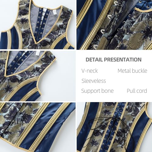 Men Corset Vest Lace Up Bones Dress Waistcoat Medieval Blue Print Tight Fitting Stage Wedding3