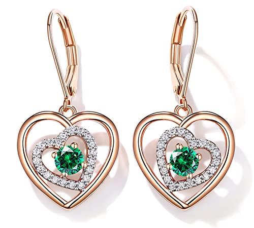 Jd&P Forever Love Heart Drop Dangle Earring Set With May Emerald Birthstone Zirconia, Rose Gold Tone Rhodium Plated, Birthday Anniversary Christmas Jewelry Gifts For Women Girls #TOP25