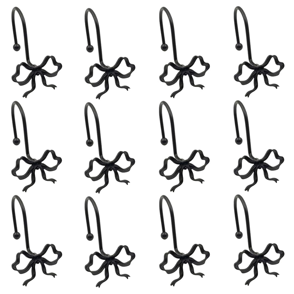 CTRLZS Black Bow for Shower Curtain Hooks, for Shower Rods 12Pcs Decorative Metal Rust-Proof Rings for Bathroom
