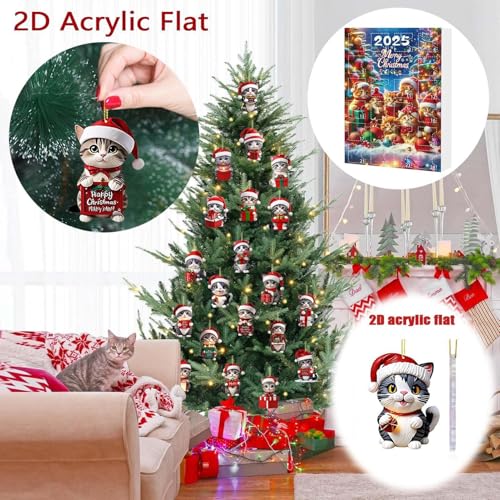 2025 Christmas Countdown Calendar 24 Days Of Christmas Countdown 2D Acrylic Cute Kitten Tree Ornaments For Dormitory, Home, School, Study Bedroom, Bookshelf For Women Men Kids Adults - Image 3