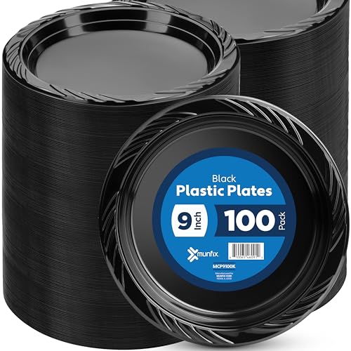 Munfix 100 Pack Black Plastic Dinner Plates 9 Inch Disposable Plates Bulk Pack Party Plates for BBQ Picnic Parties Travel and Events Microwavable Recyclable