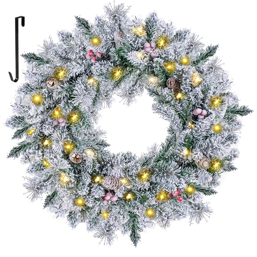 BRINJOY 24 INCH Christmas Wreath, Artificial Pre-Lit X-mas