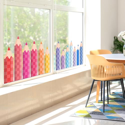 Image of Whaline 9 Sheets Pastel Checkerboard Pencil Window Clings Watercolor Pencil Window Decal Reusable Anti-Collision Windows Decor for Back to School Classroom Nursery Decor