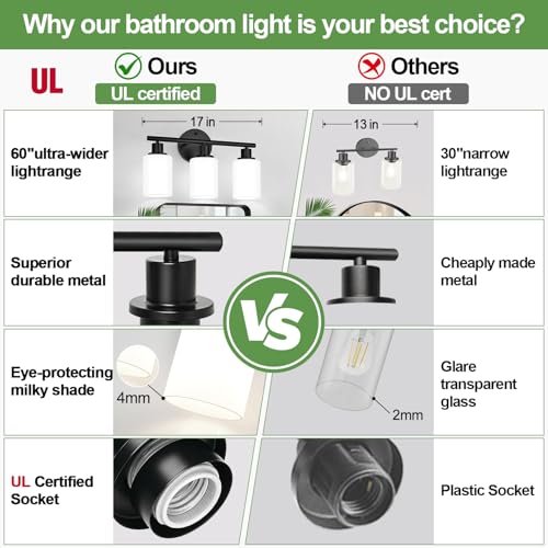 Image of Zarbitta 3-Light Bathroom Light Fixtures, Black Modern Vanity Lights with Milky White Frosted Glass Shades, Bathroom Wall Lamp for Mirror Kitchen Living Room Hallway Cabinet Porch