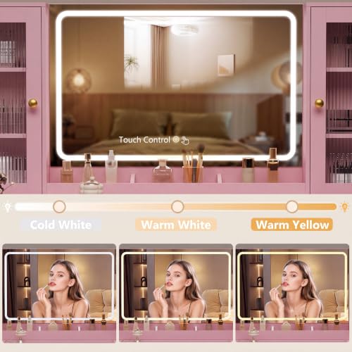 Image of 55 inch Makeup Vanity Desk with Mirror and Lights, Glass Top, Pink | Built-In Charge Station, 8 Drawers Large Storage, RGB Glass Cabinets & LED Mirror, Perfect Bedroom Vanity for Women & Girls