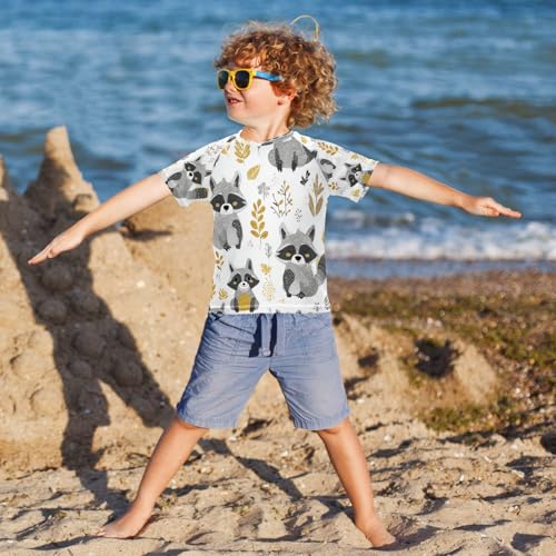 Boys Short Sleeve T-Shirts Cute Raccoon Doodle Rashguard Kids Swim Shirts Sun UPF 50+4