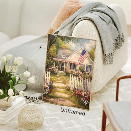 Image of American Flag Canvas Wall Art, 4th of July Patriotic Poster Print, Summer Americana Cottage Landscape Picture, Farmhouse Independence Day Wall Decor for Bedroom Living Room 16x24in Wrapped Canvas