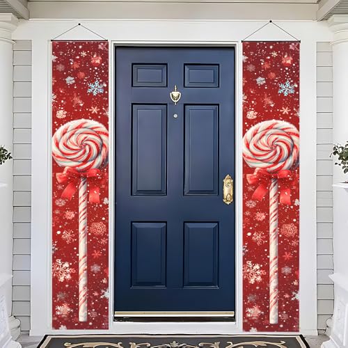 Image of Sweet Candy Cane Porch Banner 11.81x70.87 Inch, Red Snowflake Lollipop Door Sign for Mother's Day, Festive Birthday Party Welcome Flag, Weatherproof Fabric Hanging Decor