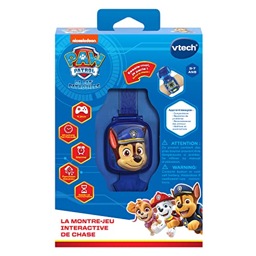 VTech - Pat' Patrouille, La Montre-Jeu Interactive de Chase, Montre Enfant à Clapet avec Écran Animé, Bracelet Souple, 12 Cadrans, 4 Jeux, Cadeau Enfant de 3 Ans à 7 Ans - Contenu en Français