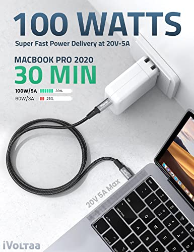 Image of iVoltaa USB Type C to Type C Cable 100W PD, 20Gbps USB 3.2 Gen 2, 4K Video, E-Marker, Thunderbolt 3 Compatible with iPhone 15 Series, Samsung S24 /S23, MacBook Air /Pro, Dell XPS, iPad - 3.3 ft (1.0 m)