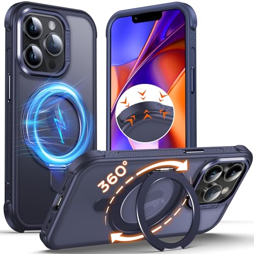 Coque iPhone 14 Pro MagSafe Anqrp avec support rotatif 360 antichoc bleu marine