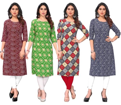 Image of JAKHANA Women's Crepe Printed Casual Straight Calf Length Round Nick Kurta Pack of 4