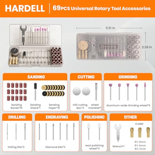 Image of HARDELL Rotary Tool, 4V Mini Cordless Rotary tool Kit con 5 Speed Display, Rechargeable Rotary tool Set with 69 Accessories for Sanding, Grinding, Engraving, Polishing, Drilling, Cutting, DIY Crafting