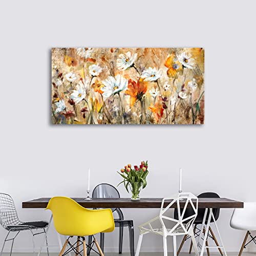 Image of Large Flowers Wall Art White Daisy Canvas Pictures Abstract Orange Yellow Red Floral Wall Decor Elegant Artwork Painting Prints for Living Room Bedroom Kitchen Home Office Decoration Framed 29 inchx 58 inch
