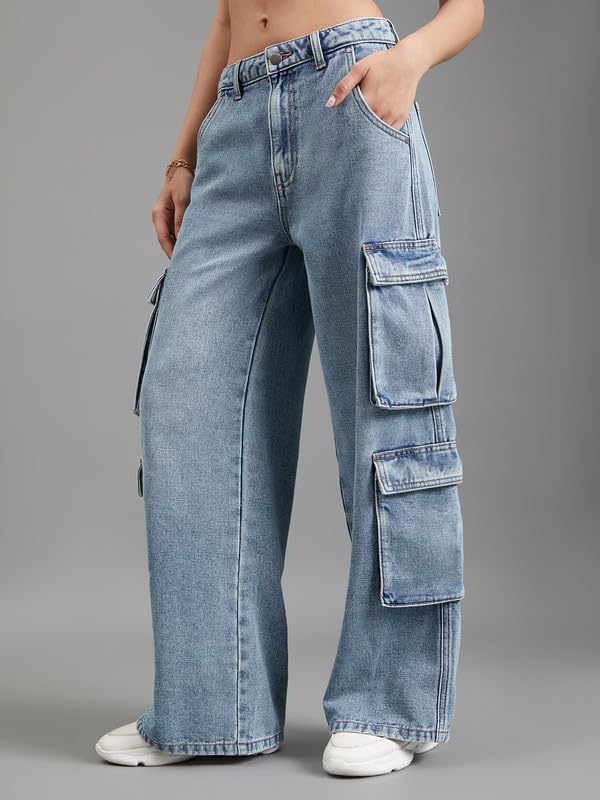 Image of GO COLORS Mostlysane Collection Denim Cargo Pant for Women | Breathable, Mid Rise, 8 Pockets