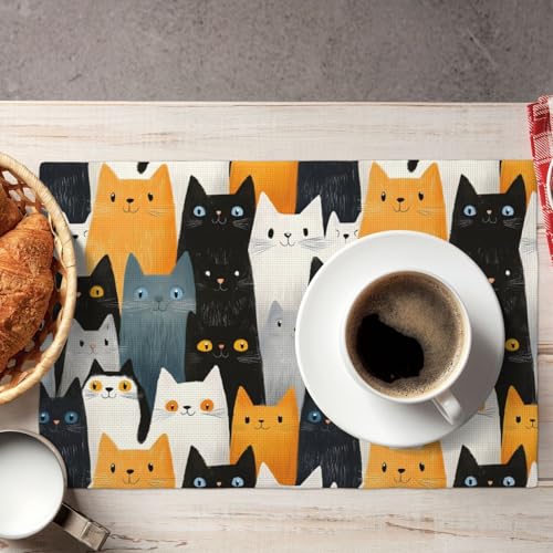 Sets de table anti-tache et chaleur chat multicolore en lin - 6