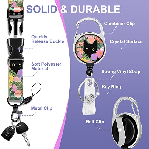 Toykee Id Badge Holder With Lanyard And Retractable Badge Reel Clip, Cute Black Cat Flowers Floral Card Name Tag Lanyard Vertical Id Protector Bage Clips For Nurse Nursing Doctor Teacher Student #TOP3