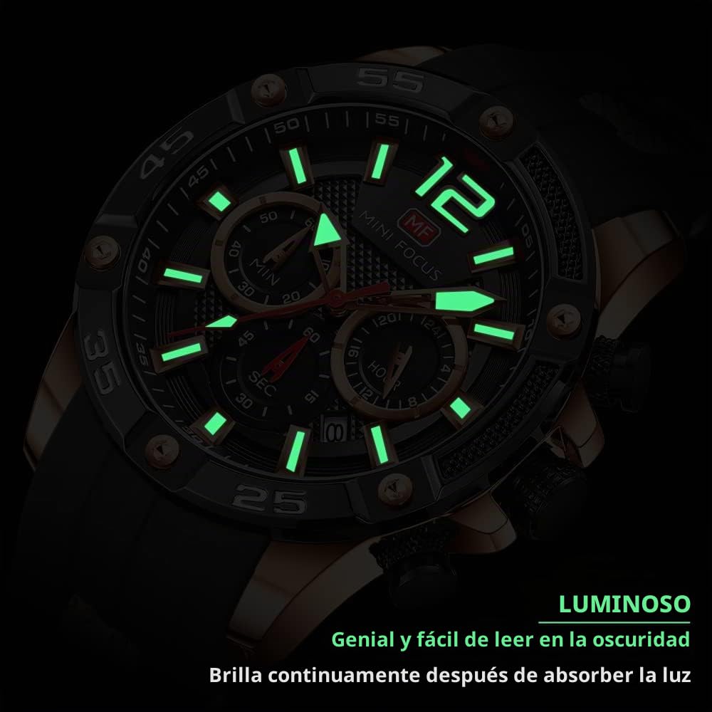 MF MINI FOCUS Relojes de pulsera para hombre únicos e informales (cronógrafo/impermeable/luminoso/calendario/24 horas), correa de silicona, relojes de moda para hombre