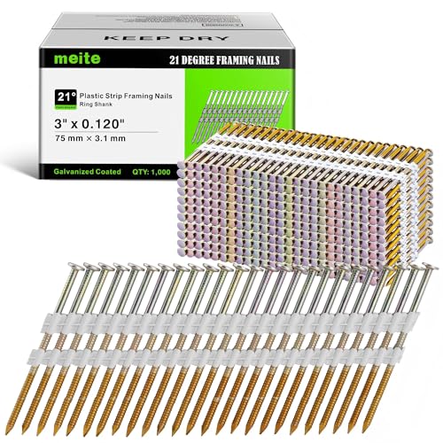 meite 21 Degree Framing Nails 3 Inch 0.120'' Ring Shank Galvanized Plastic Collated Nails, Full Round Head Structural Nails for Framing Nailer Gun on Truss Assembly and Subfloors 1,000PCS