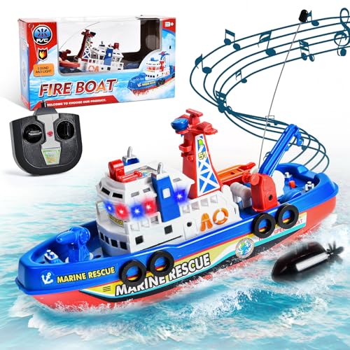 JONRRYIN Feuerwehrboot, Feuerlöschboot mit Fernbedienung, Ferngesteuerte Bootsfeuerwehr mit LED, Wasserspielzeugboot für Kinder, Kreative Geschenke für Kinder 6, 7, 8, 9, 10 Jahre (2)